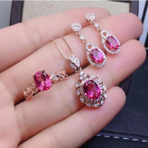 KJJEAXCMY boutique jewelry 925 sterling silver natural pink topaz gemstone girl ring pendant earring set micro-inlaid zircon shi