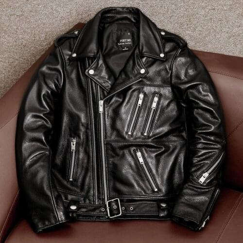 Classical Motorcycle Jackets Mens Motocycle leather Jackets 100% Natural Calf Skin Thick Moto Jacket Motor Clothing Biker Coat