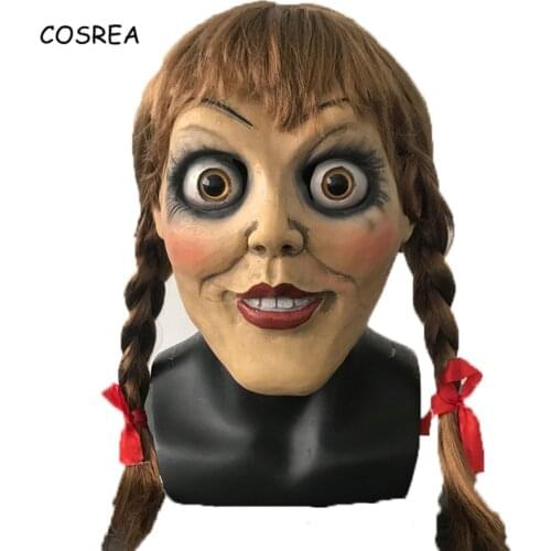 Movie Ghost Doll Annabelle Cosplay Mask Long Double Tail Wig Girls Women Men Scary Masks Latex Halloween Carnival Party Props