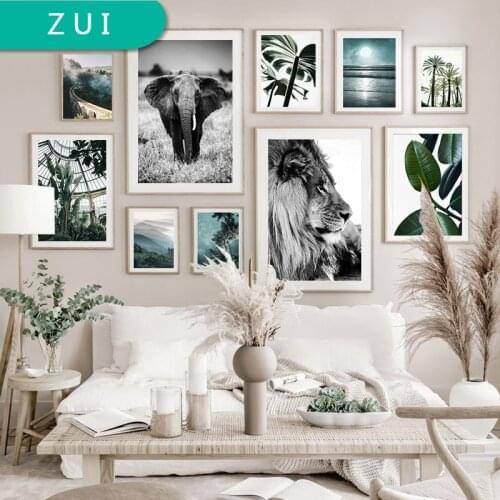 Nature Plant Leaf Landscape Poster Lion Animal Canvas Wall Art Print Nordic Plam Tree Starry Night Decorative Picture Home Decor