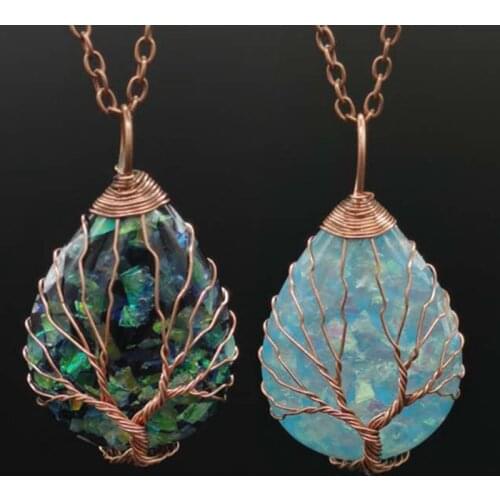 New Abalone Shell Resin Necklace Women Men Jewelry Teardrop Pendant Water Drop Chain Necklaces Wire Wrapp Tree of Life Pendants