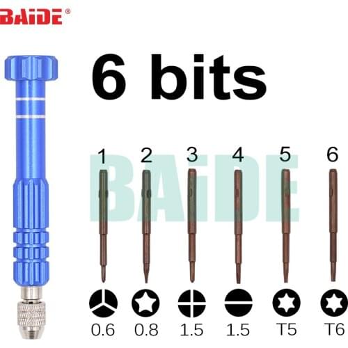 6 in 1 Screwdriver S2 Bit Screw Driver With 0.6Y 0.8 Pentalobe 1.5 Phillips Slotted T5 T6 Repair Tool Kit for iPhone 7 8 Huawei