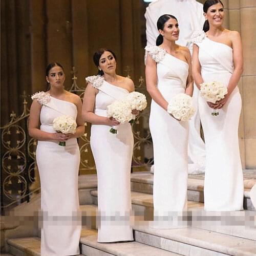 Mrs win Bridesmaid Dresses White One Shoulder Wedding Party Dress Mermaid Appliques Mermaid Long Vestido Madrinha 2020 HR106