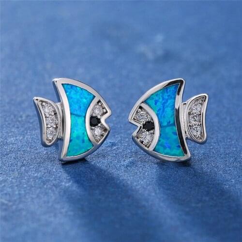 White Blue Fire Opal Stud Earrings Cute Animal Small Fish Earrings Dainty Silver Color Earrings For Women Bridal Wedding Jewelry