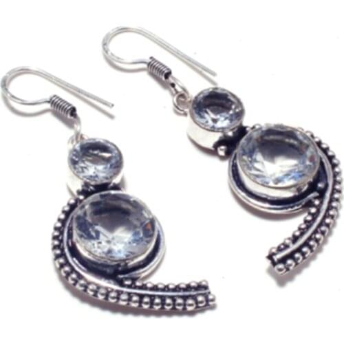 White Topaz Silver Overlay on Copper Earrings , Hand made Women Jewelry Gift, E5272