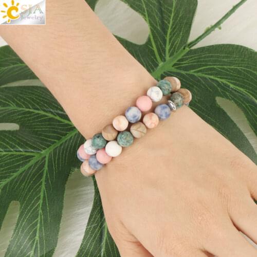 CSJA Natural Stone Mixed Color Strand Bracelet 8mm Matte Round Beads Unisex Elastic Bracelets Stretch Cord Vintage Pulseras G195