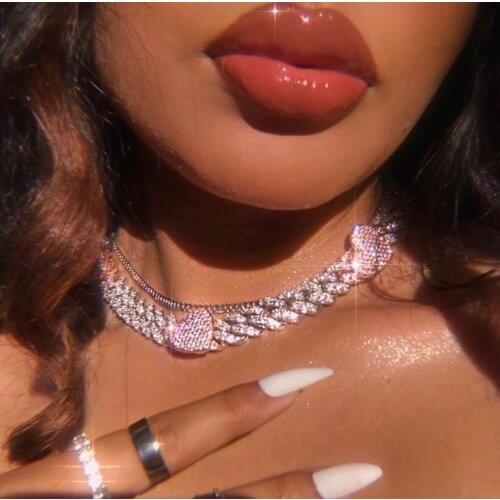 High quality 5A cubic zirconia women jewelry pink cz Heart charm 12mm cuban chain choker necklace girlfriend gift