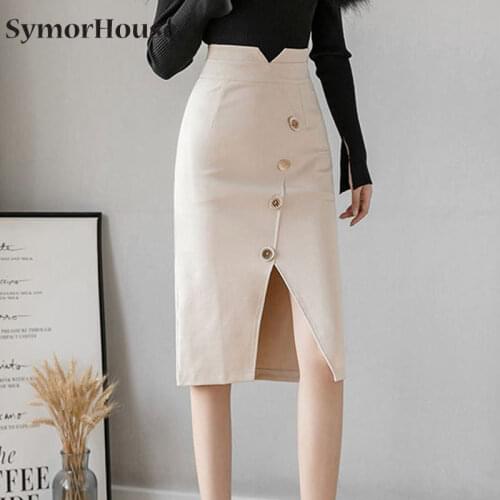 New Women Knee-Length Skirts High Waist Work Wear OL Skirt With Buttons Elegant Ladies Stretch Casual Slit Pencil Skirt