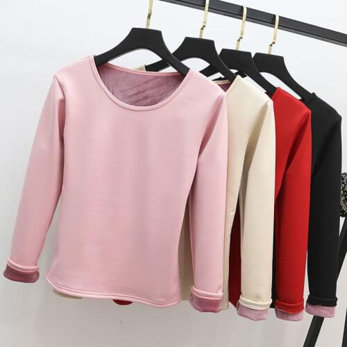 Women 2021 Winter Fashion Long Sleeve Thick Plus Velvet T-Shirt Female Warm Thermal Underwear Ladies O-Neck Casual Tops E273