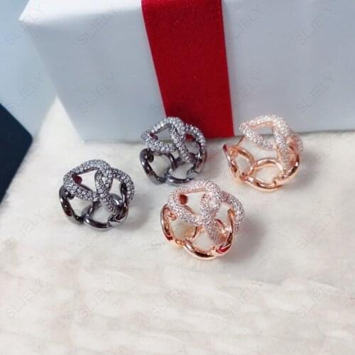 SLJELY High Quality Real 925 Sterling Silver Black Grey Chains Hoop Earrings Pave Zirconia Women Fashion Punk Rock Party Jewelry