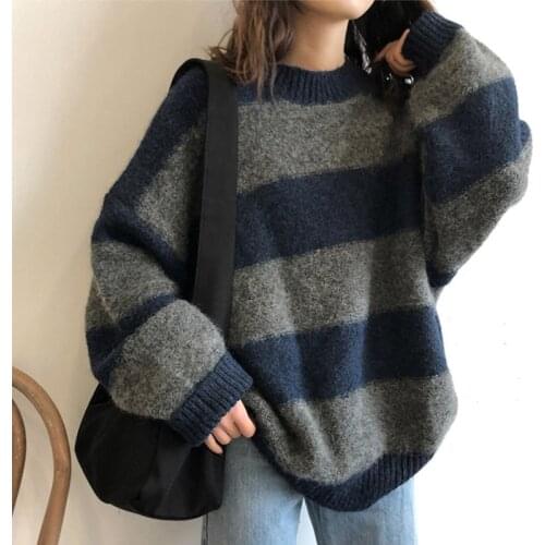 Striped Knitted Pullover Women Vintage Loose Sweater Streetwear Autumn Winter Casual Color-block Jumper Sweaters Sueter Feminino