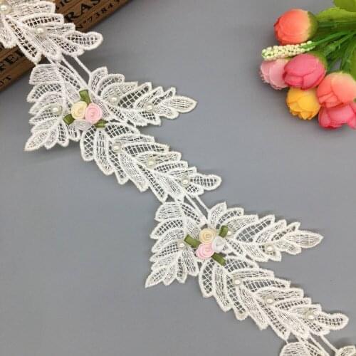 1 yard Apricot 3D Pearl Rose Flower Leaf Embroidered Net Lace Trim Ribbon Applique Patchwork Handmade Wedding Dress Sewing Craft