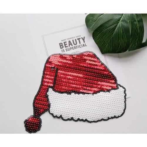 2Pcs Christmas Hat Applique Sequins Patches Sew-on Sequined Sticker for Clothes Bag Textile Craft Diy Repair Home Decoration