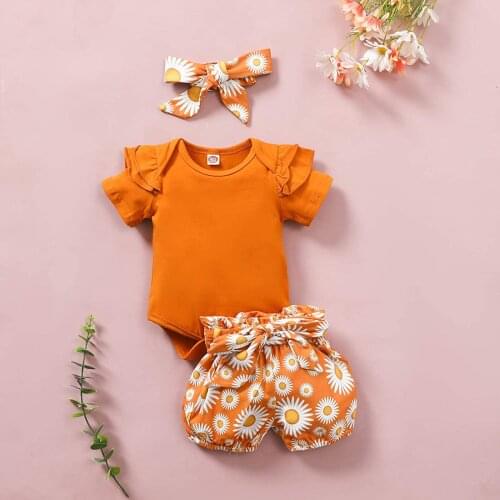 2021 Baby Summer Clothing Newborn Baby Girl Floral Clothes Short Sleeve Romper Jumpsuit+Sunflower Bow Shorts 3Pcs Outfits Set