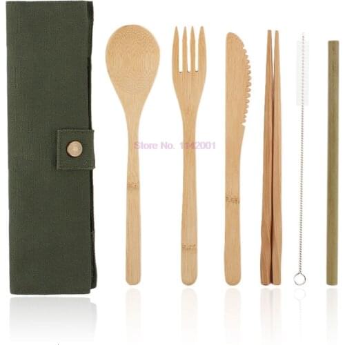 50set Wooden Cutlery Set Bamboo Cutlery Straw Cutlery Set With Cloth Bag Kitchen Cooking Bamboo Straw Spoon Knife Fork Spoon