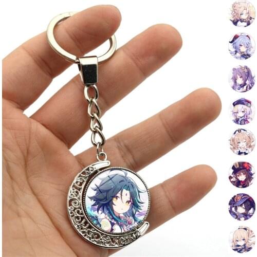 Game Genshin Impact Anime Keychains Double Sided Rotating Moon Pendant Cosplay Jewelry Car Metal Keychain Key Ring Women Gift