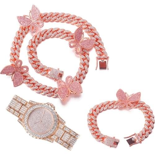 Hip Hop Iced Out 12MM Full Paved Rhinestones CZ Miami Curb Butterfly Cuban Necklace+Watch+Bracelet For Men Women Charm Jewelry