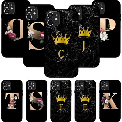 For iPhone 11 12 8 Plus Mini Pro X XR XS Max 4 5 7 6 6S 8 SE Phone Case Black Cover Shell Soft Waterproof Alphabet 26 Letters