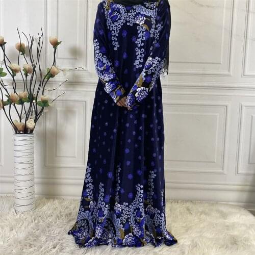 Dubai Kaftan Muslim Women Long Dress Velvet Autumn Winter Printed Abaya Arab Ethnic Vintage Turkish Casual Hijab Dress Fashion