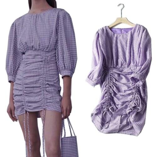 Purple Sexy Women Dress Elegant Ladies Slim Waist Trainer Plaid Mini Dress Party Cub Waist vestidos