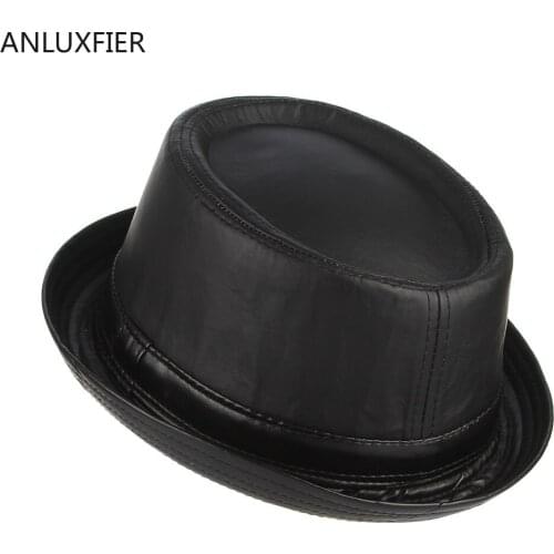 H7213 Mens European American Fedoras Hat Male Curling PU Leather Cap Adult Gentleman Elegant Fashion Church Party Banquet Hats