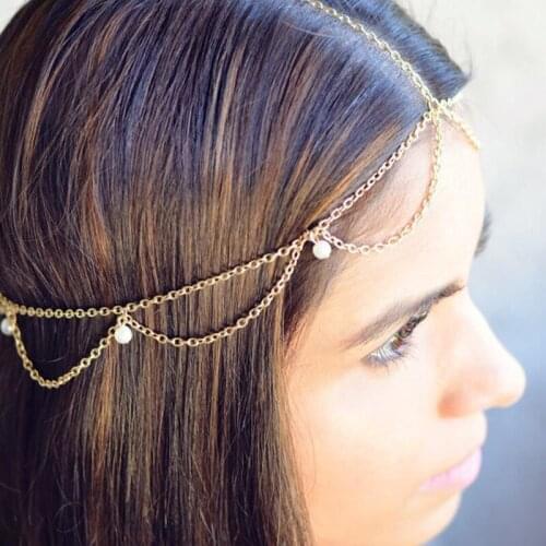 Indian Dress Beaded Headband, Ladies Fashion Hair Chain Jewelry, Boho Style, Wave Tassel Chain, Pearl Headband, Hair Accessory
