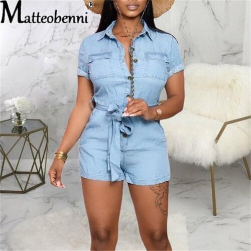 Summer Denim Jumpsuit For Women Blue Short Sleeve Shorts Rompers Fashion Elastic Lapel Button Slim Fit Jumpsuit Ladies Vestidos