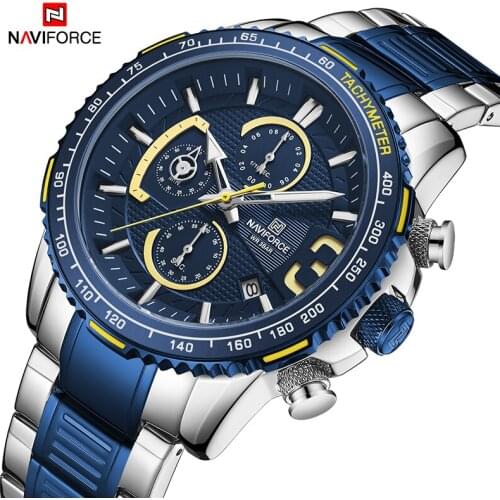2021NAVIFORCE Men Watch Blue Color Wristwatch Military Chronograph Stainless Steel Water Ressistance Luminous Quartz Male Watch