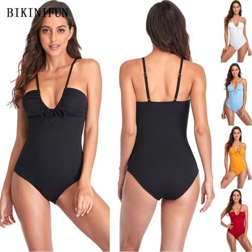 2021 New Smocked Beachwear Women Drawstring One Piece Suit Solid Color Monokini S-2XL Girl V Neck Swimsuit Backless Swimwear