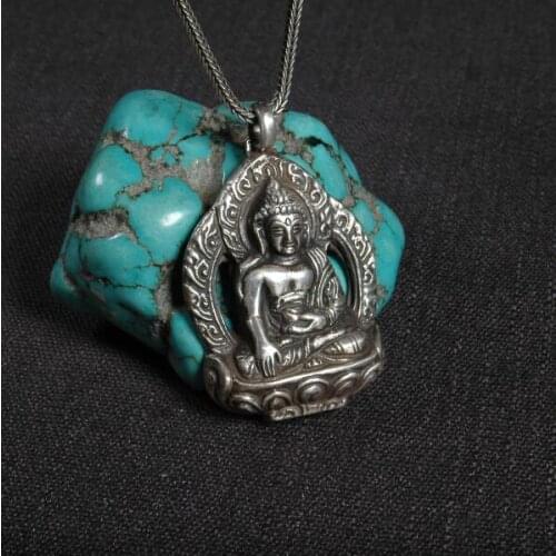 Handmade 925 Silver Nepalese Sakyamuni Buddha Statue Pendant Necklace Tibetan Buddha Pendant Necklace Silver Buddha Amulet