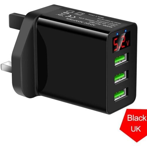 UK Plug Mobile Smart Cell Phone Wall Charger 3 Ports Quick Charging USB Hub Wall Charger Adapter UK Plug with LED Display