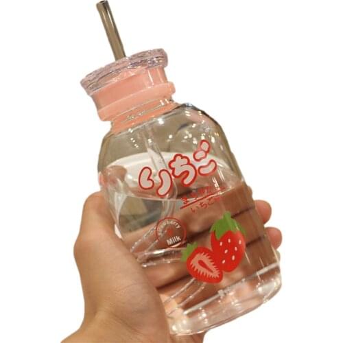Straw Glass Water Bottle Transparent Fruit Juice Bottle Student Cute Camping Bottle Portable Lemon Drinking Bottle Double Cover