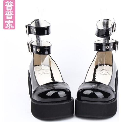 Princess sweet lolita shoes Japanese classic punk round head shallow COS double band square bottomed sponge cake shoes pu9860A