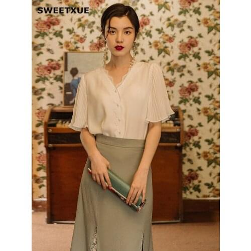 SWEETXUE Womens French Retro Chiffon Shirt With Half Skirt Two-Piece Suit 2021 OL Temperament Senior Sets Female Summer
