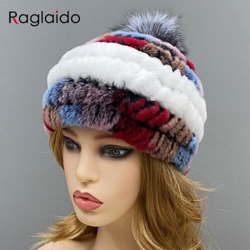 Women Pompom Knitted Hat Winter Warm Natural Rex Rabbit Fur Fox Pompom Skulls Girls Colorful Thick Hats
