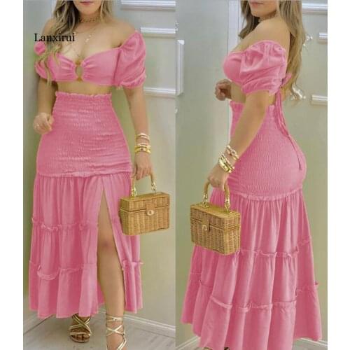 Sexy Dress Women Yellow Two Piece Set Square Collar Short Sleeve High Waist Split Fork Slim Dress