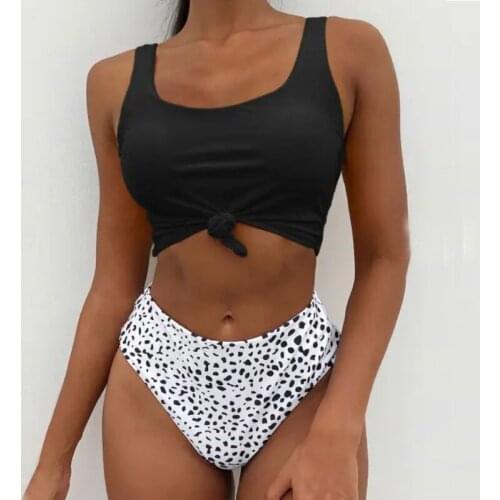 ZAFUL Cherry Red Women Knot Dalmatian Print High Waisted Tankini Swimsuit Removable Padded Tank Top Swimwear Scoop Neck 2020 New