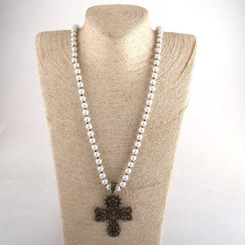 RH Fashion Beaded Necklace Glass Pearl Bead Long Knotted Metal Flower Bird Cross Pendant Necklaces For Women Jewelry