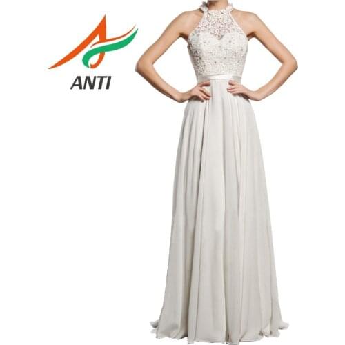 ANTI Elegant Evening Dress A-line Vestido De Festa Beaded Tight Backless Long Formal Evening Dress Halter Belt Prom Dress