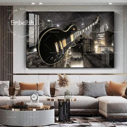 1 Pieces HD Print Canvas Painting For Living Room Guitar And City Buildings Wall Art Modular Pictures Home Decor Poster