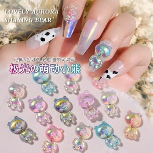 5Pcs 17MM Nail art aurora Bear Ethereal Bear 3D Aurora Crystal Nail Ornament Decal 14k Gold Waving Influencer Nail Jewelry,H(21)