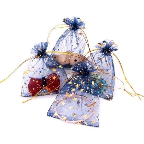 50pcs Navy Blue Jewelry Bag 9X12cm Wedding Gift Star Moon Organza bag Drawable Jewelry Packaging Display & Jewelry Pouches