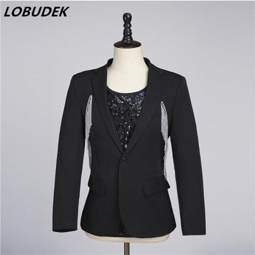 Bar Evening Party Concert Male Singer Stage Blazer Silver Rhinestones Tassel Casual Suit Jackets Host Magician Performance Coat