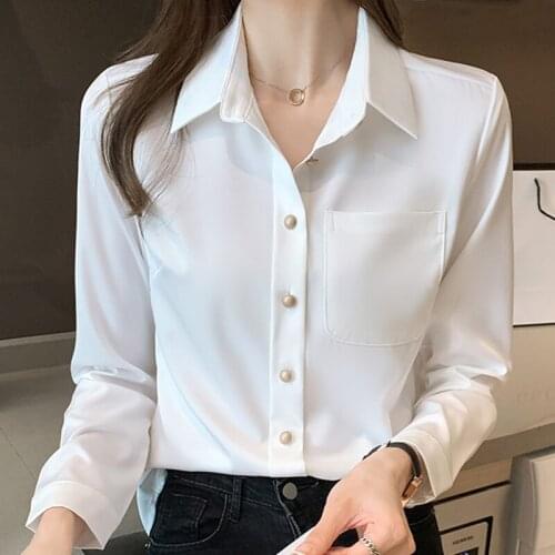 Blouse Women Blusas Mujer De Moda 2021 Turn Down Collar Office Lady Tops White Blouse Long Sleeve Chiffon Blouse Shirt Blusa E96