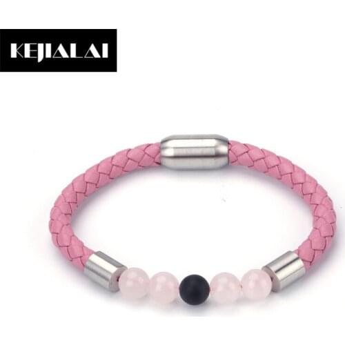 Stainless Steel Punk Style Genuine Leather Bracelet for Men Women Unisex Stone Beads Wristband Pink Color Sheepskin Bangle Girls