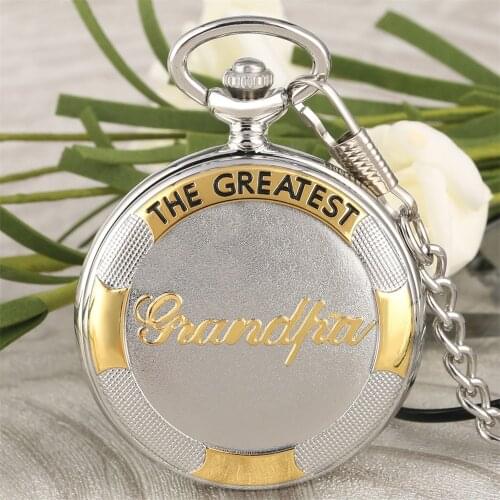 The Greatest Grandpa Design Silver Quartz Pocket Watch Fob Chain Roman Numerals Display Dial Full Hunter Antique Pendant Clock