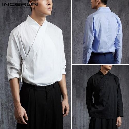 INCERUN Men Vintage Shirt Solid Color Long Sleeve Lace Up Hanfu Elegant Stand Collar Chinese Style Male Shirts Retro Blouse 5XL