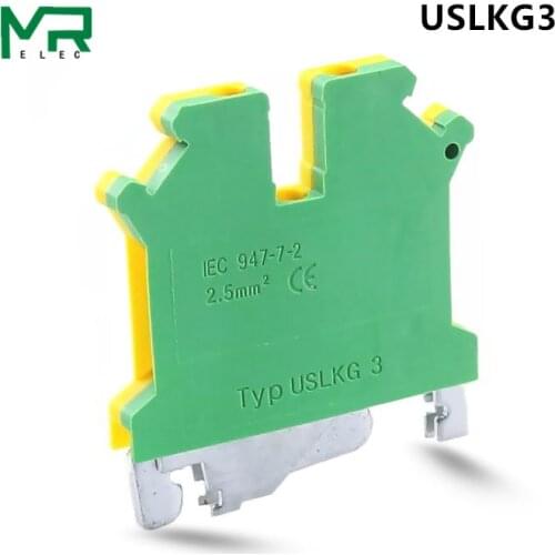2PCS USLKG-3 Terminal blocks DIN Rail Screw Terminal Blocks yellow green 2.5mm2 to 6mm2 ground terminal