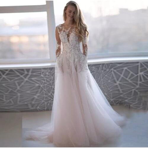 Dreamy Fairy Wedding Dress 2021 A-Line Long Sleeve Lace Appliques Sequins Button Tulle Sweep Train Bride Gown Vestidos De Noiva