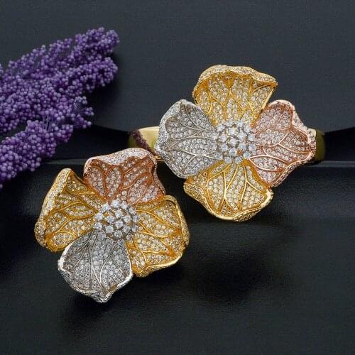 ModemAngel Luxury Begonia Flower Luxury Super AAA Cubic Zirconia Women Engagement Bangle And Ring Jewelry Set